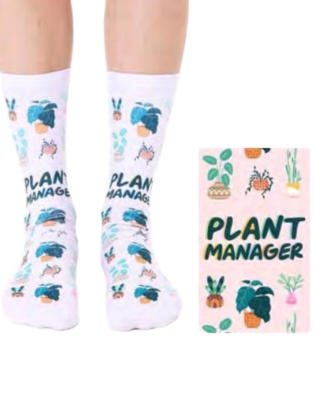 Plant Manager Crew Socks - Pink with Teal Green Plant Motif NWT womens mens